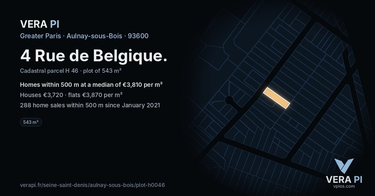 4 Rue de Belgique, Aulnay-sous-Bois at night – the plot lit, the parcels around coloured by the prices near them