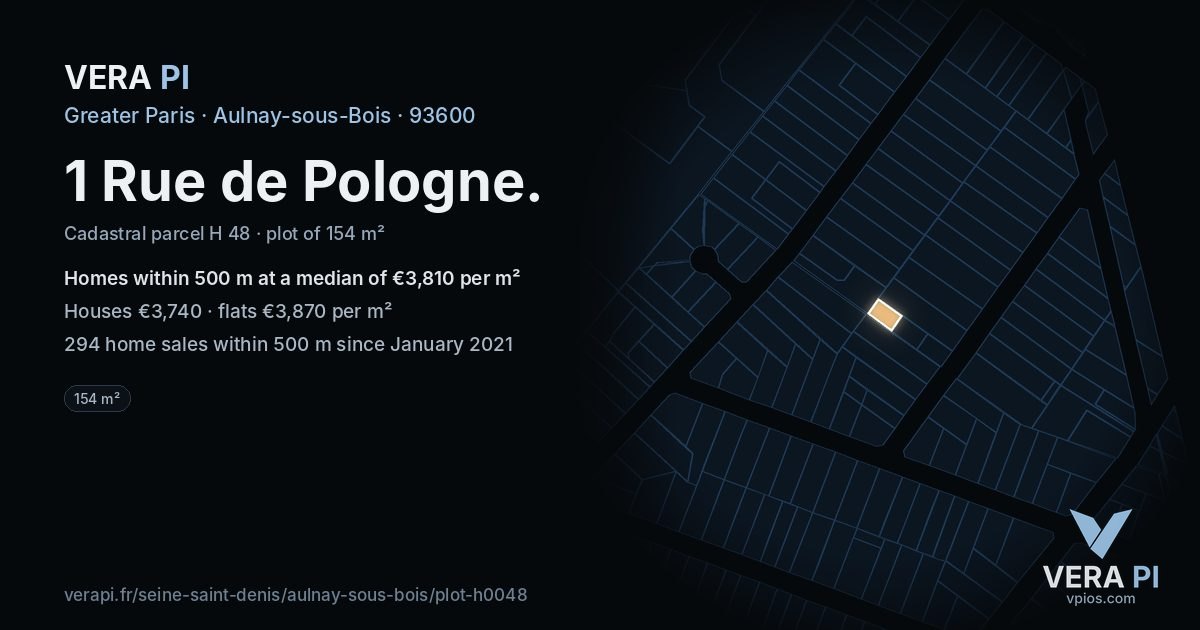 1 Rue de Pologne, Aulnay-sous-Bois at night – the plot lit, the parcels around coloured by the prices near them