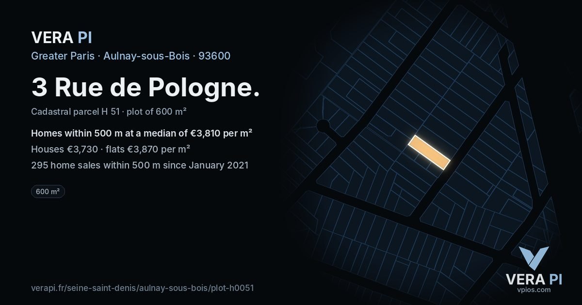 3 Rue de Pologne, Aulnay-sous-Bois at night – the plot lit, the parcels around coloured by the prices near them