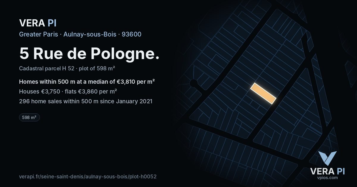 5 Rue de Pologne, Aulnay-sous-Bois at night – the plot lit, the parcels around coloured by the prices near them