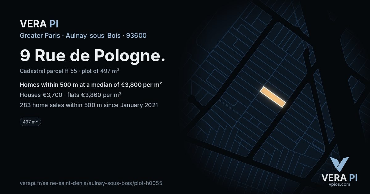9 Rue de Pologne, Aulnay-sous-Bois at night – the plot lit, the parcels around coloured by the prices near them