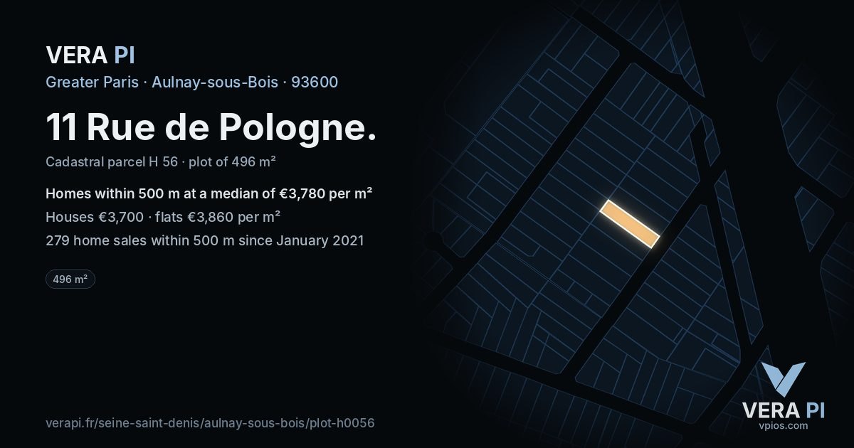 11 Rue de Pologne, Aulnay-sous-Bois at night – the plot lit, the parcels around coloured by the prices near them