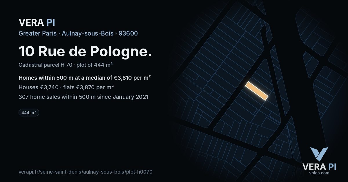 10 Rue de Pologne, Aulnay-sous-Bois at night – the plot lit, the parcels around coloured by the prices near them