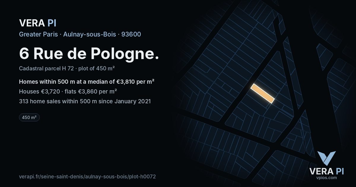 6 Rue de Pologne, Aulnay-sous-Bois at night – the plot lit, the parcels around coloured by the prices near them