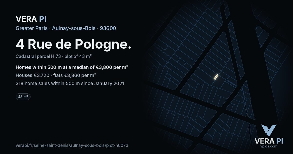 4 Rue de Pologne, Aulnay-sous-Bois at night – the plot lit, the parcels around coloured by the prices near them