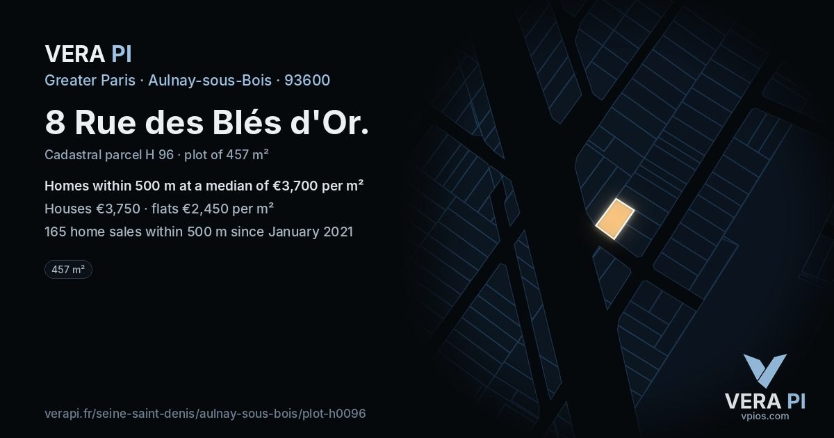 8 Rue des Blés d'Or, Aulnay-sous-Bois at night – the plot lit, the parcels around coloured by the prices near them