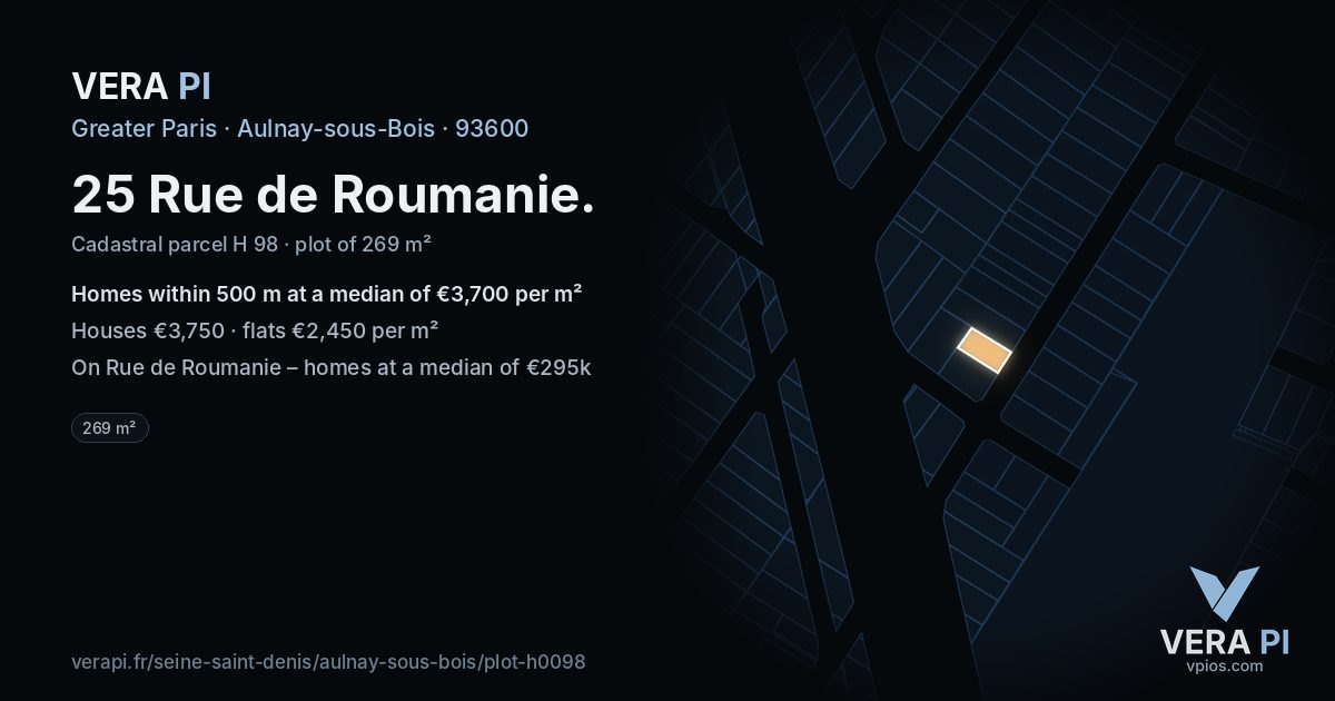 25 Rue de Roumanie, Aulnay-sous-Bois at night – the plot lit, the parcels around coloured by the prices near them