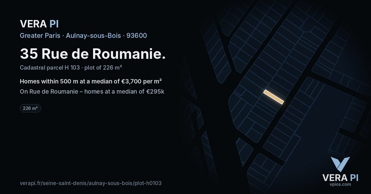 35 Rue de Roumanie, Aulnay-sous-Bois at night – the plot lit, the parcels around coloured by the prices near them