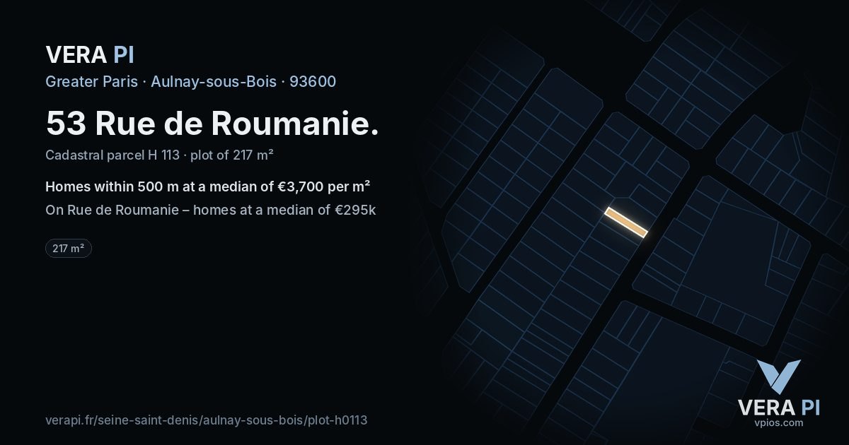 53 Rue de Roumanie, Aulnay-sous-Bois at night – the plot lit, the parcels around coloured by the prices near them