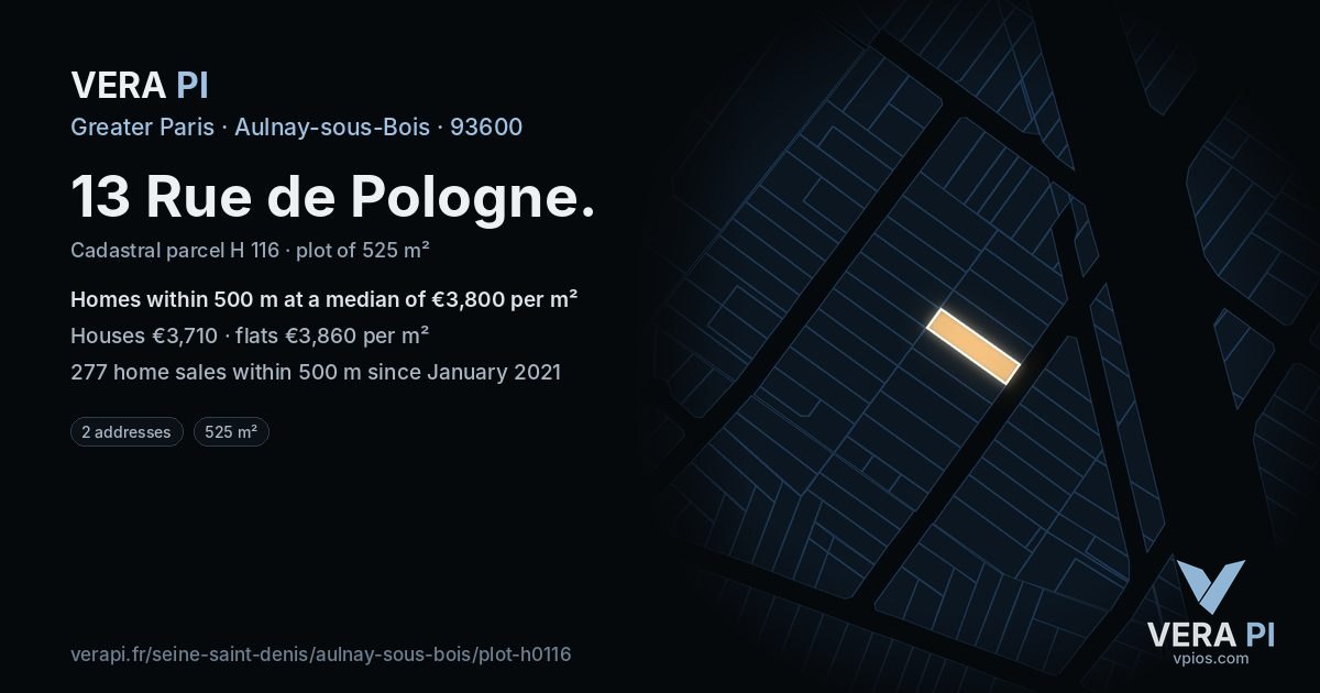 13 Rue de Pologne, Aulnay-sous-Bois at night – the plot lit, the parcels around coloured by the prices near them
