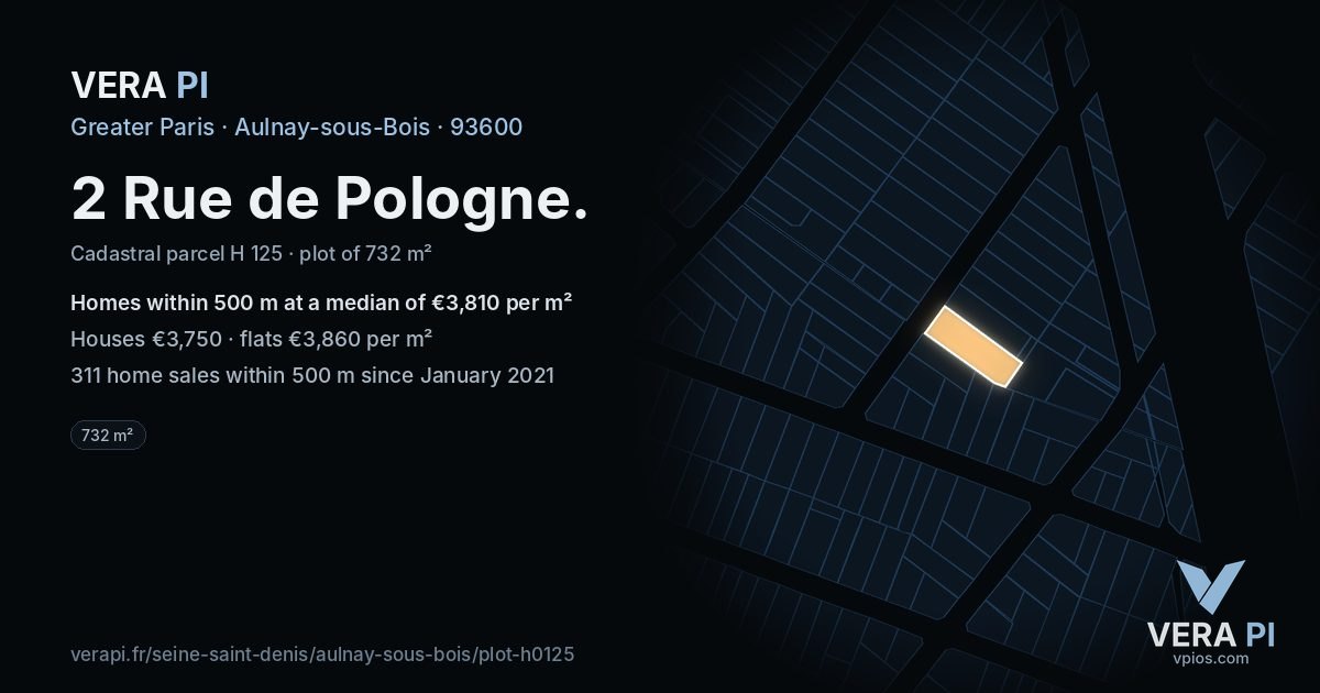 2 Rue de Pologne, Aulnay-sous-Bois at night – the plot lit, the parcels around coloured by the prices near them