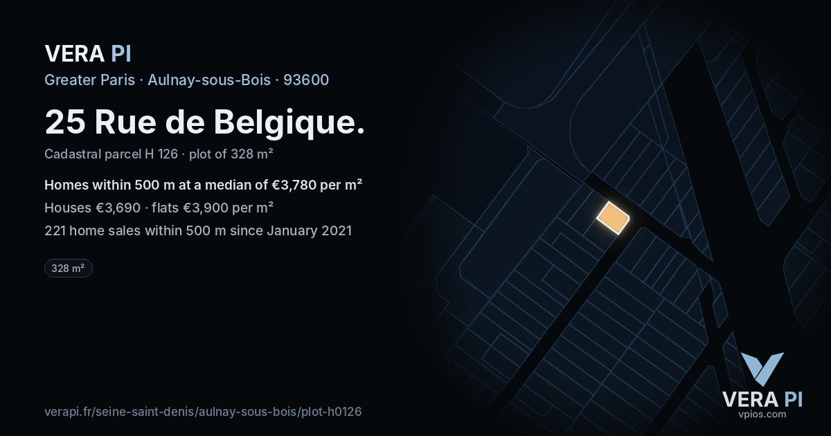 25 Rue de Belgique, Aulnay-sous-Bois at night – the plot lit, the parcels around coloured by the prices near them