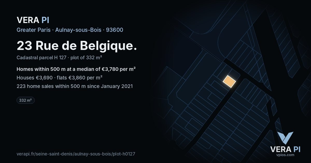 23 Rue de Belgique, Aulnay-sous-Bois at night – the plot lit, the parcels around coloured by the prices near them