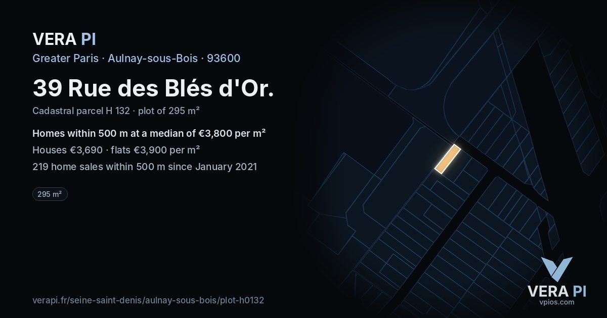 39 Rue des Blés d'Or, Aulnay-sous-Bois at night – the plot lit, the parcels around coloured by the prices near them