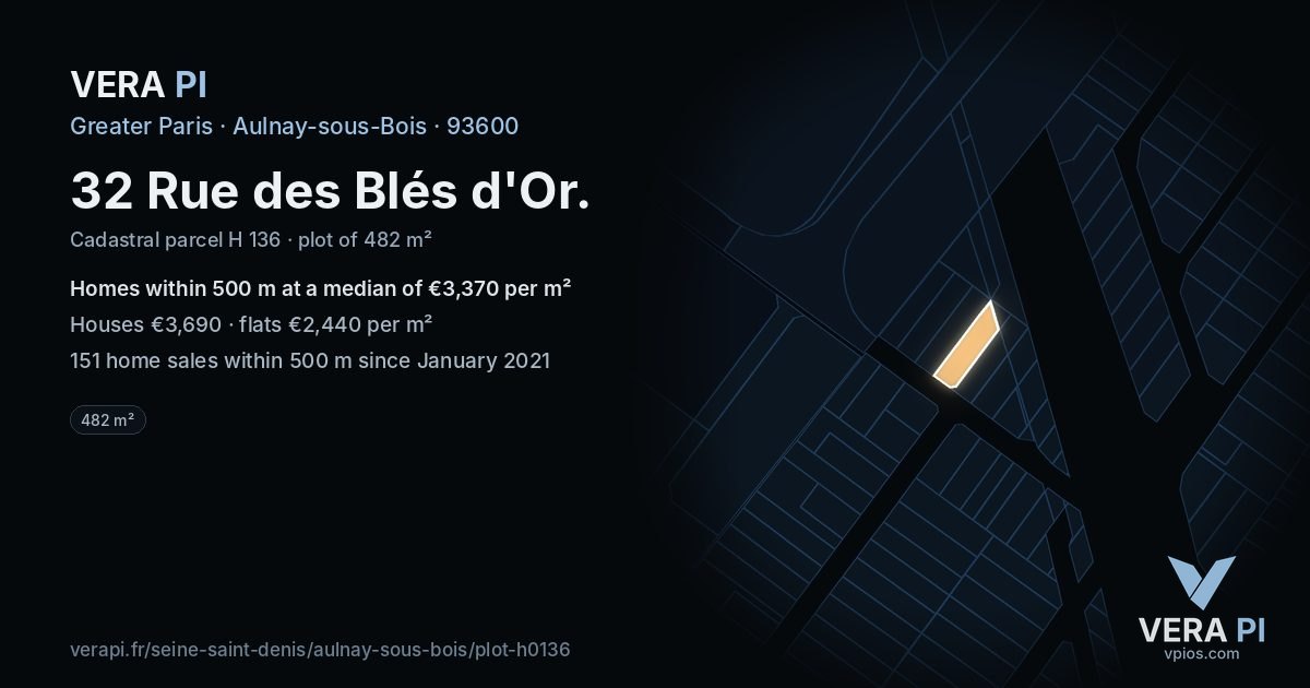 32 Rue des Blés d'Or, Aulnay-sous-Bois at night – the plot lit, the parcels around coloured by the prices near them