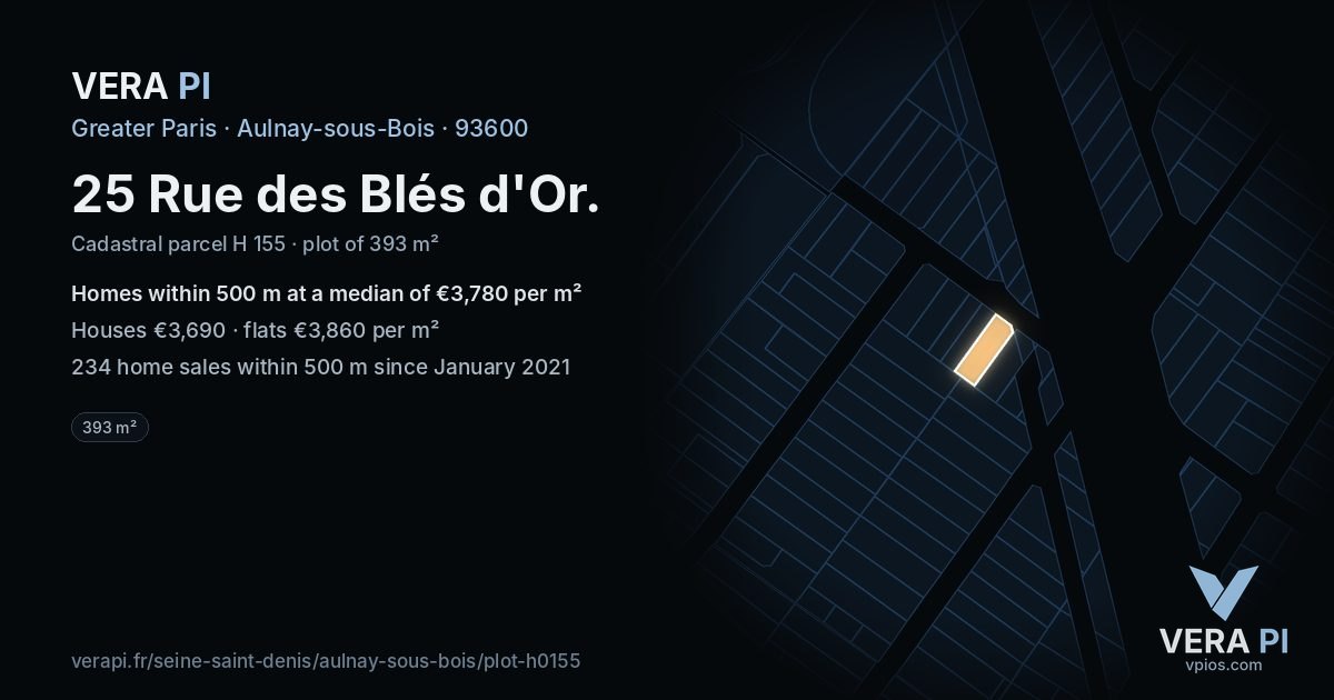 25 Rue des Blés d'Or, Aulnay-sous-Bois at night – the plot lit, the parcels around coloured by the prices near them