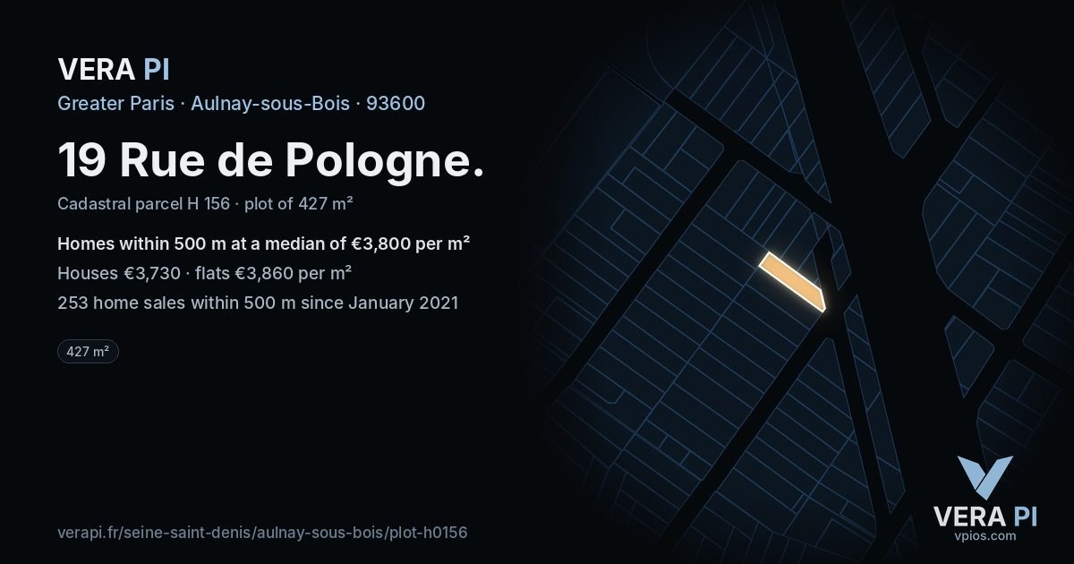 19 Rue de Pologne, Aulnay-sous-Bois at night – the plot lit, the parcels around coloured by the prices near them