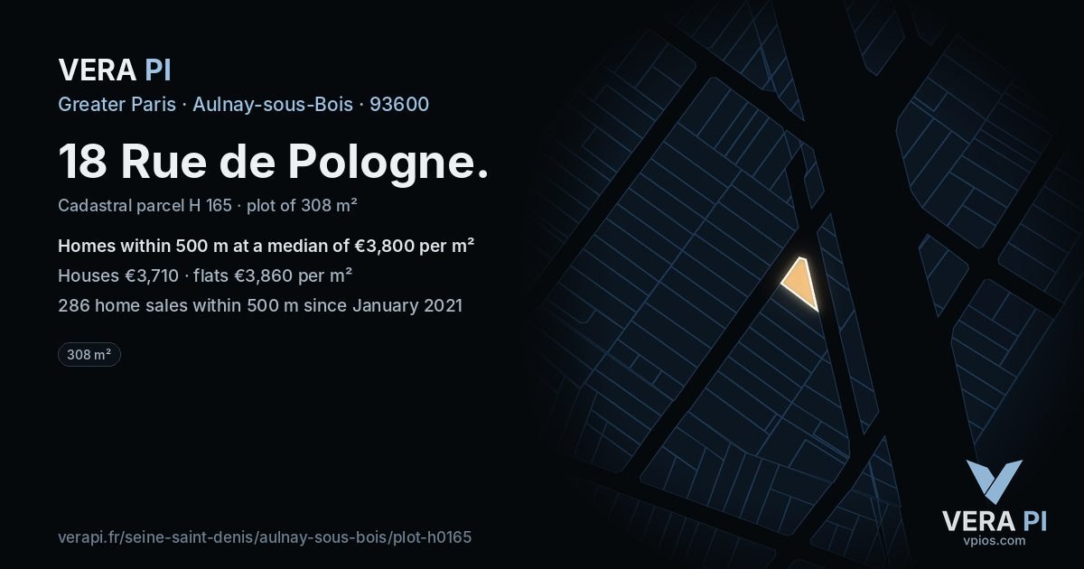 18 Rue de Pologne, Aulnay-sous-Bois at night – the plot lit, the parcels around coloured by the prices near them