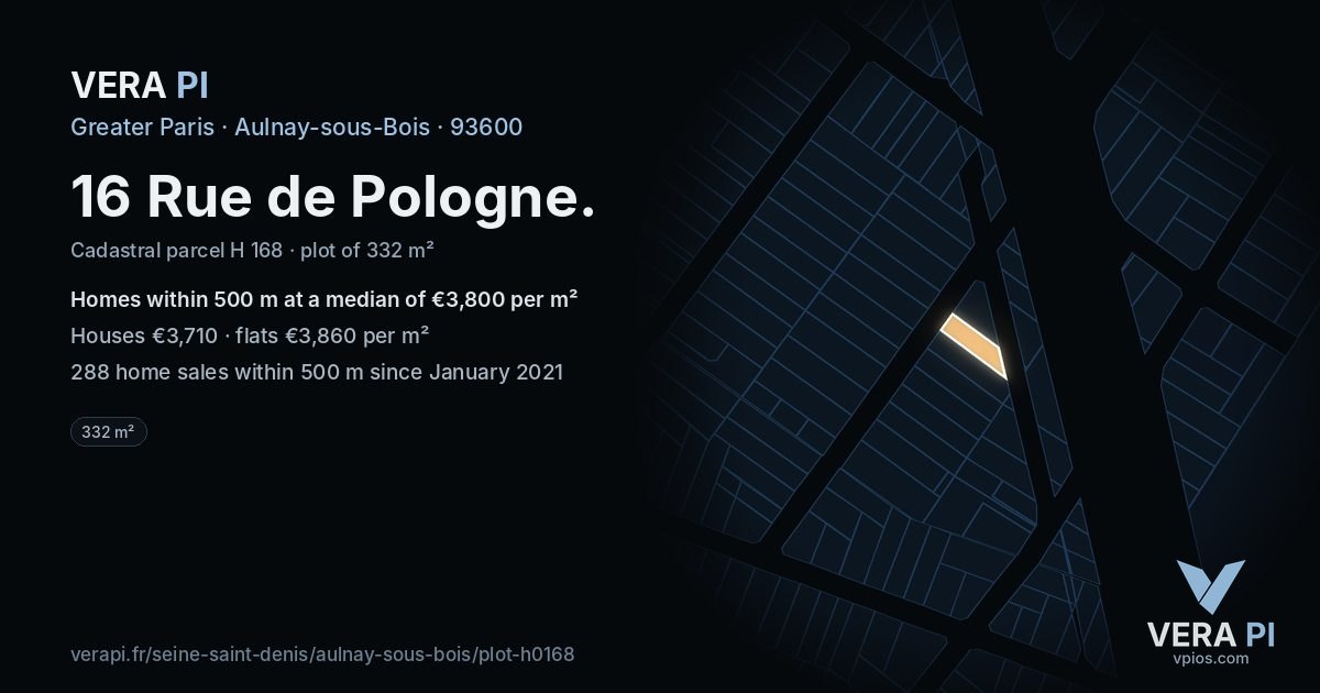 16 Rue de Pologne, Aulnay-sous-Bois at night – the plot lit, the parcels around coloured by the prices near them