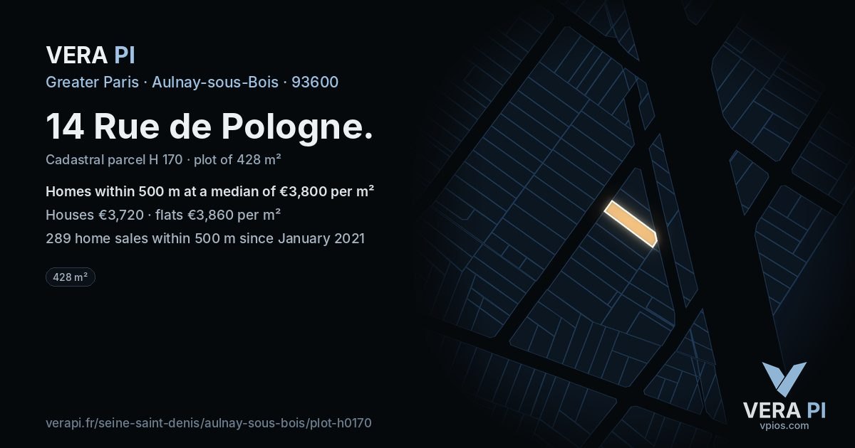 14 Rue de Pologne, Aulnay-sous-Bois at night – the plot lit, the parcels around coloured by the prices near them