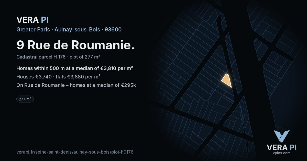 9 Rue de Roumanie, Aulnay-sous-Bois at night – the plot lit, the parcels around coloured by the prices near them