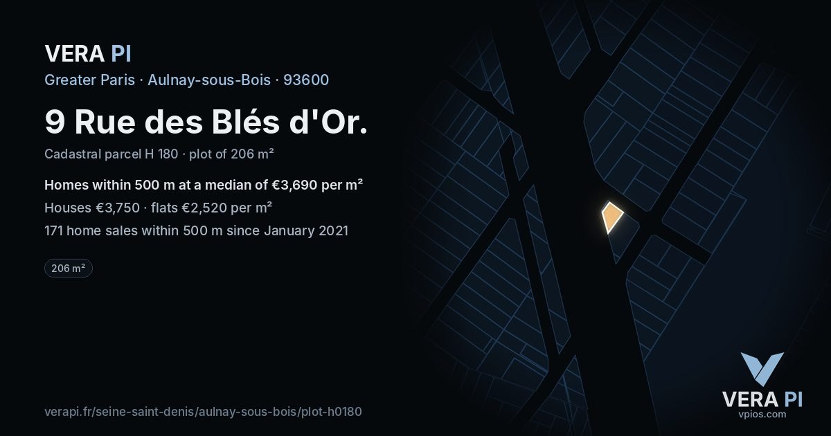 9 Rue des Blés d'Or, Aulnay-sous-Bois at night – the plot lit, the parcels around coloured by the prices near them