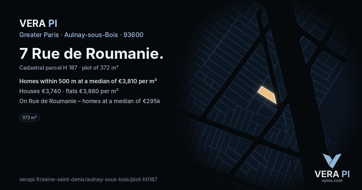 7 Rue de Roumanie, Aulnay-sous-Bois at night – the plot lit, the parcels around coloured by the prices near them