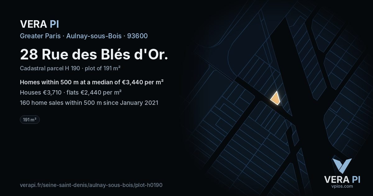 28 Rue des Blés d'Or, Aulnay-sous-Bois at night – the plot lit, the parcels around coloured by the prices near them
