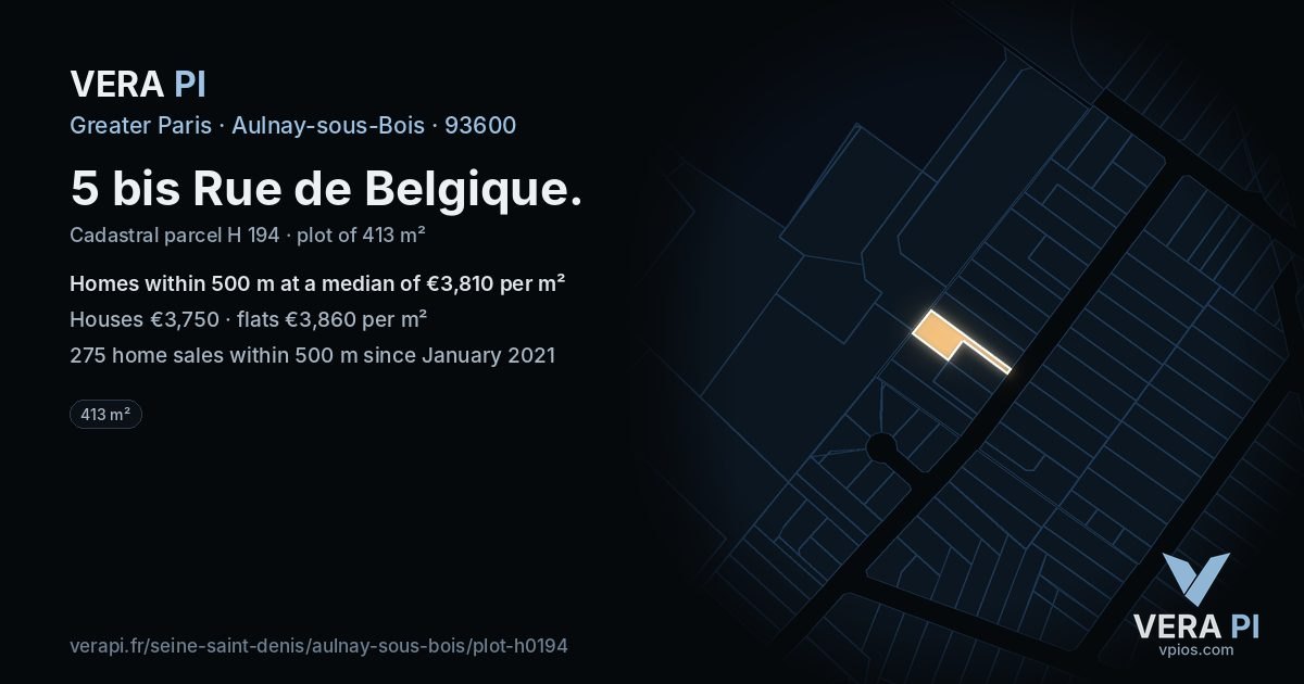 5 bis Rue de Belgique, Aulnay-sous-Bois at night – the plot lit, the parcels around coloured by the prices near them