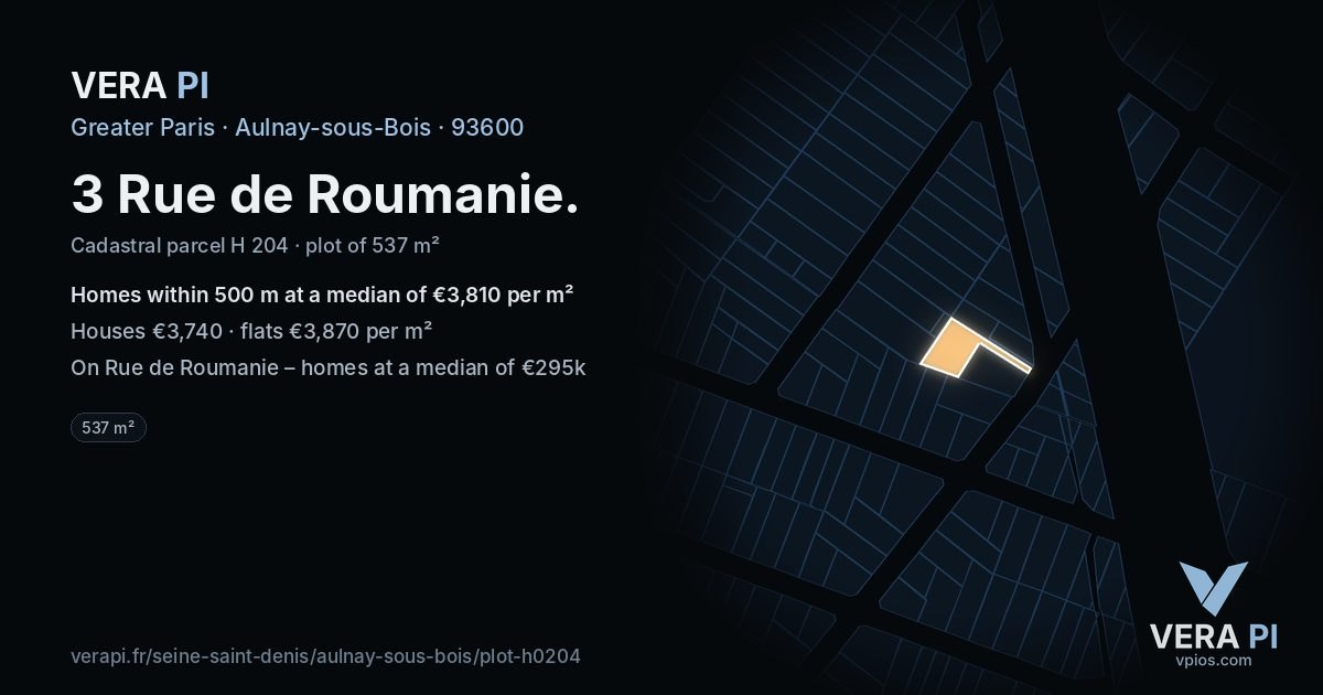 3 Rue de Roumanie, Aulnay-sous-Bois at night – the plot lit, the parcels around coloured by the prices near them