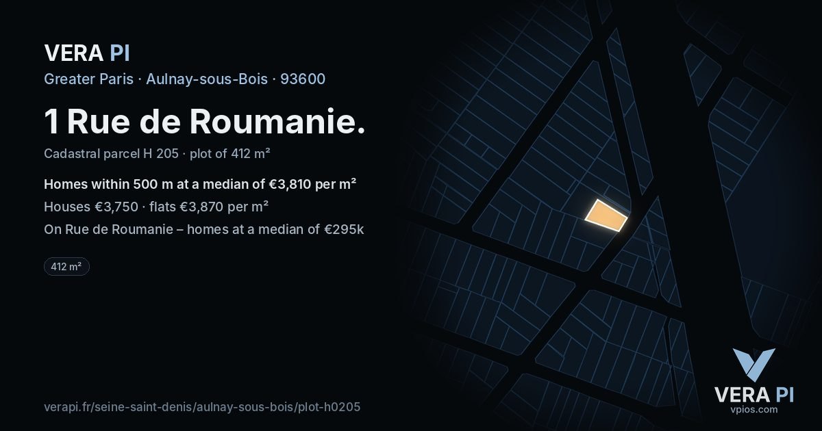1 Rue de Roumanie, Aulnay-sous-Bois at night – the plot lit, the parcels around coloured by the prices near them