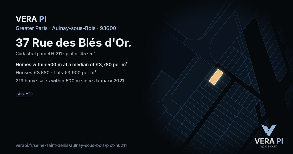 37 Rue des Blés d'Or, Aulnay-sous-Bois at night – the plot lit, the parcels around coloured by the prices near them
