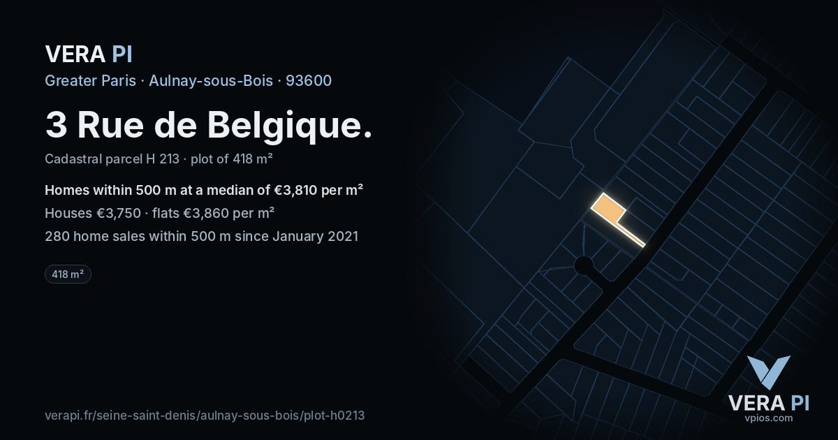 3 Rue de Belgique, Aulnay-sous-Bois at night – the plot lit, the parcels around coloured by the prices near them