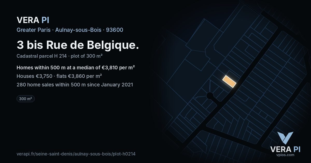 3 bis Rue de Belgique, Aulnay-sous-Bois at night – the plot lit, the parcels around coloured by the prices near them