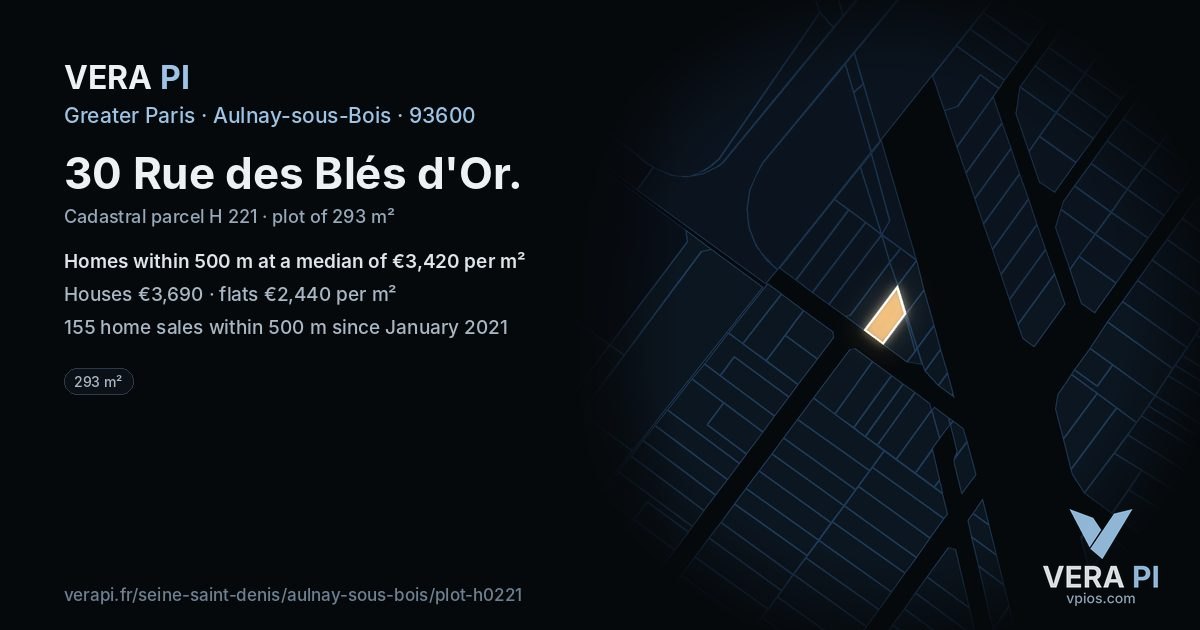 30 Rue des Blés d'Or, Aulnay-sous-Bois at night – the plot lit, the parcels around coloured by the prices near them