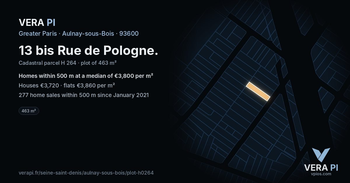 13 bis Rue de Pologne, Aulnay-sous-Bois at night – the plot lit, the parcels around coloured by the prices near them
