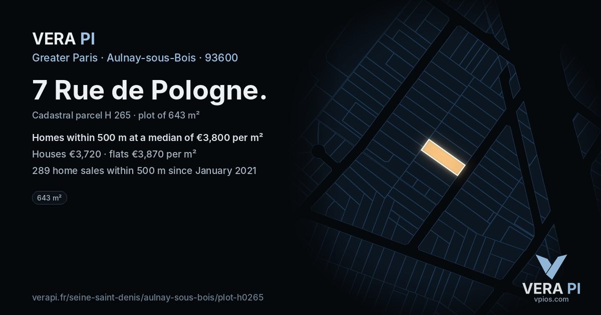 7 Rue de Pologne, Aulnay-sous-Bois at night – the plot lit, the parcels around coloured by the prices near them