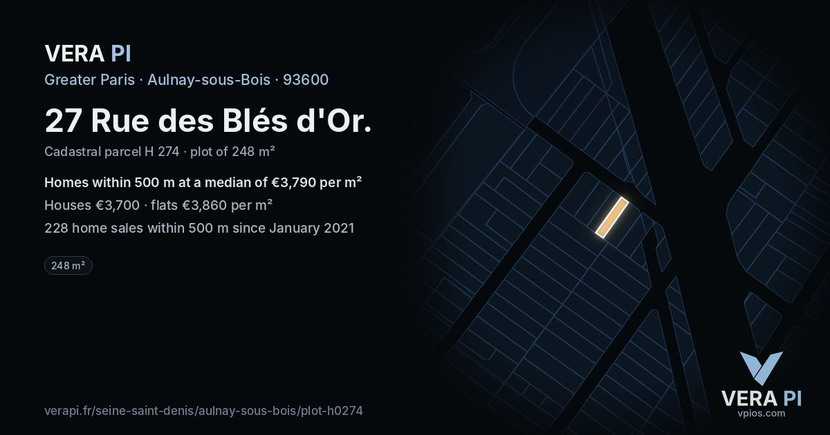 27 Rue des Blés d'Or, Aulnay-sous-Bois at night – the plot lit, the parcels around coloured by the prices near them