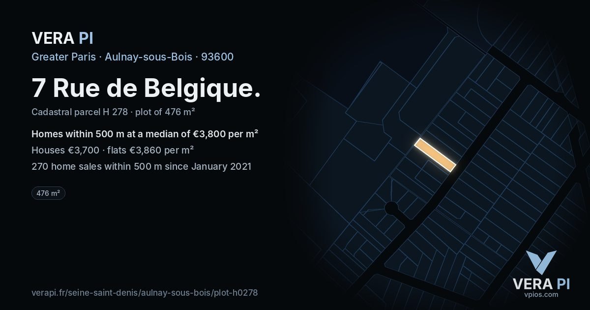 7 Rue de Belgique, Aulnay-sous-Bois at night – the plot lit, the parcels around coloured by the prices near them