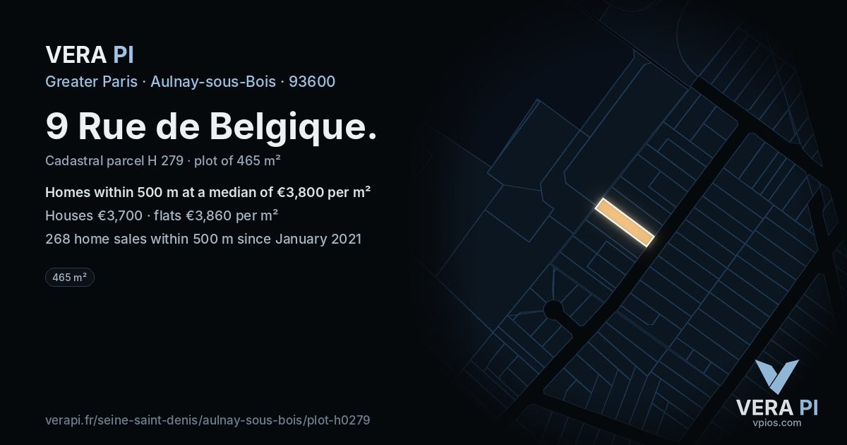 9 Rue de Belgique, Aulnay-sous-Bois at night – the plot lit, the parcels around coloured by the prices near them