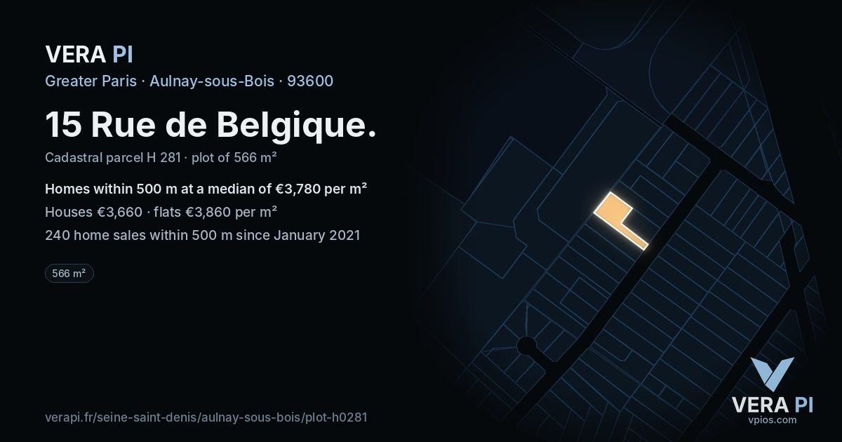 15 Rue de Belgique, Aulnay-sous-Bois at night – the plot lit, the parcels around coloured by the prices near them
