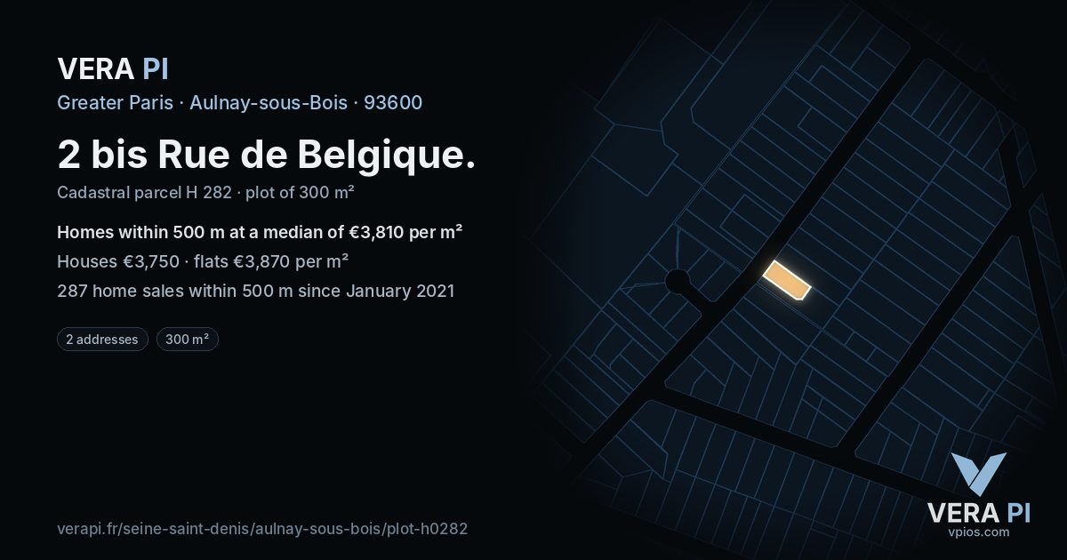 2 bis Rue de Belgique, Aulnay-sous-Bois at night – the plot lit, the parcels around coloured by the prices near them