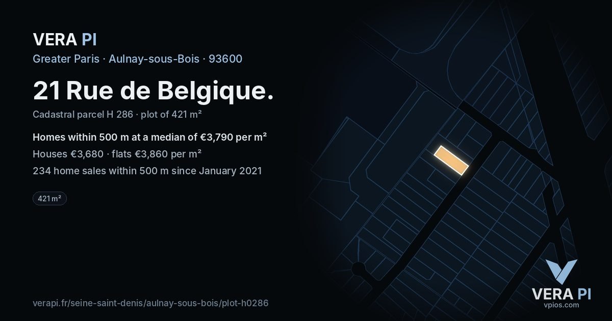 21 Rue de Belgique, Aulnay-sous-Bois at night – the plot lit, the parcels around coloured by the prices near them