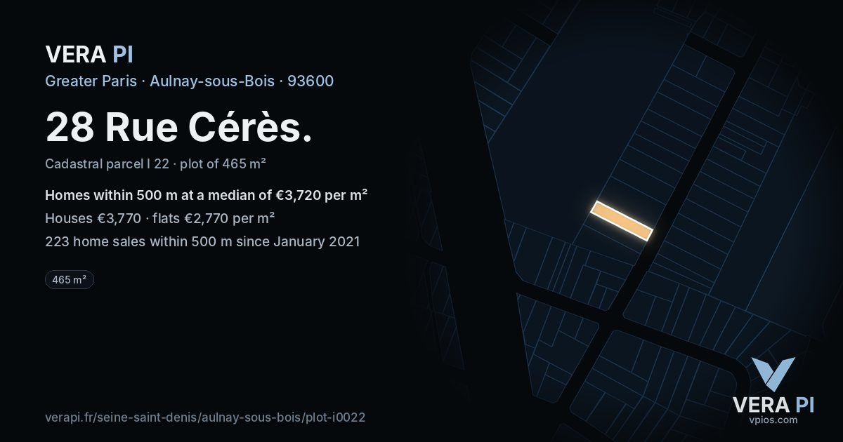 28 Rue Cérès, Aulnay-sous-Bois at night – the plot lit, the parcels around coloured by the prices near them