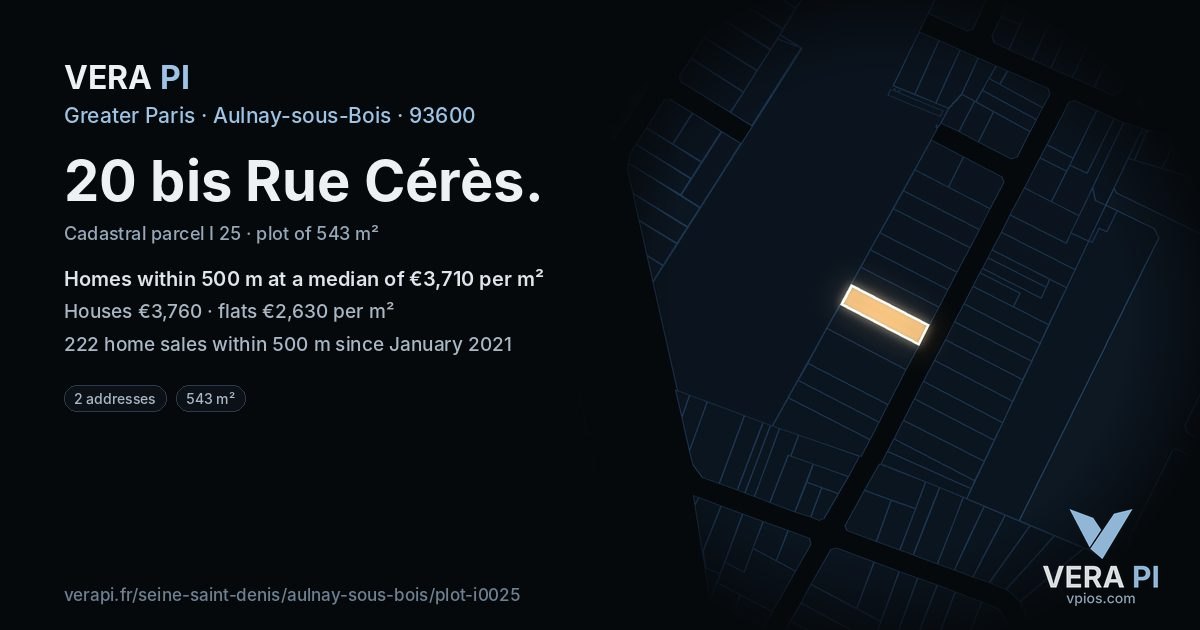 20 bis Rue Cérès, Aulnay-sous-Bois at night – the plot lit, the parcels around coloured by the prices near them