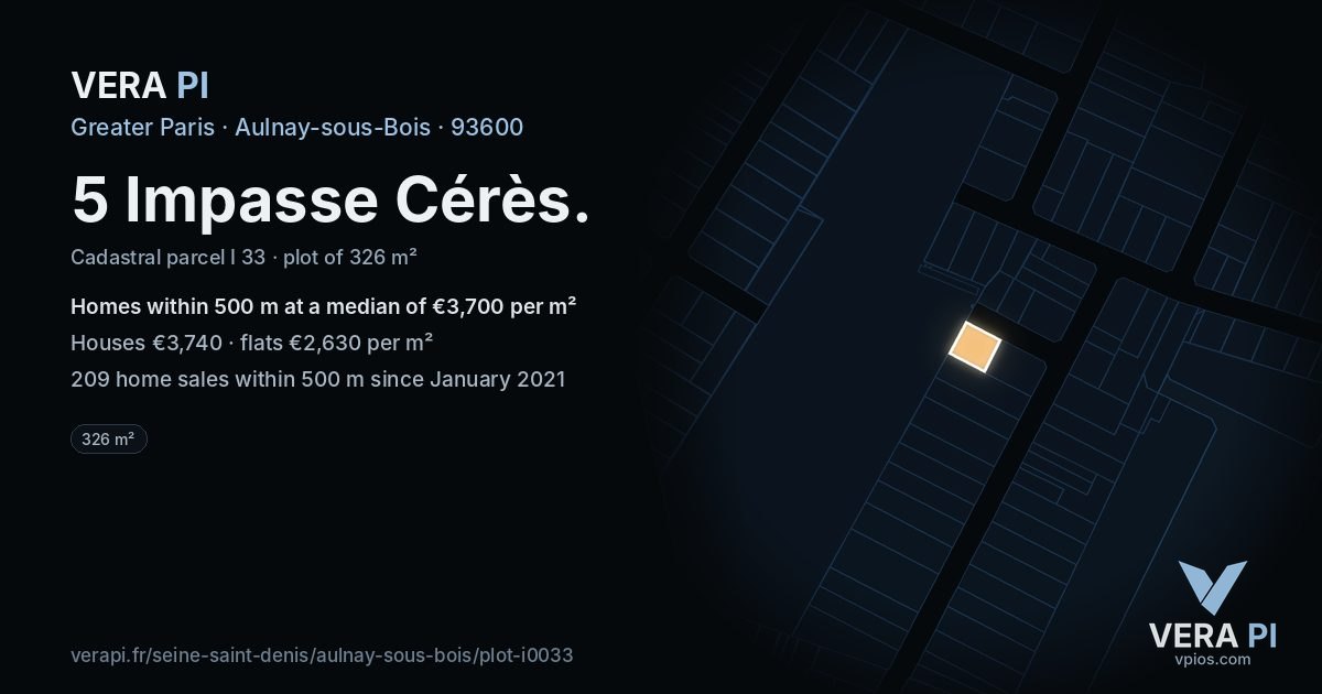 5 Impasse Cérès, Aulnay-sous-Bois at night – the plot lit, the parcels around coloured by the prices near them