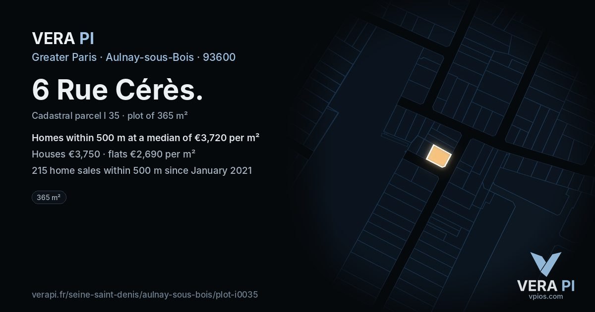 6 Rue Cérès, Aulnay-sous-Bois at night – the plot lit, the parcels around coloured by the prices near them