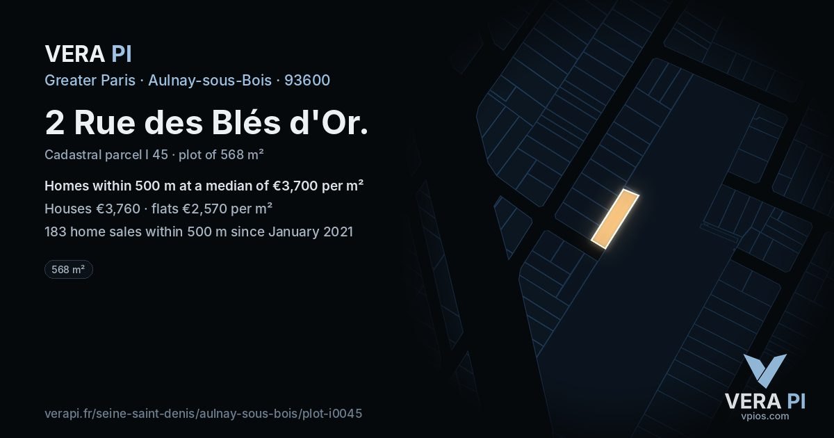 2 Rue des Blés d'Or, Aulnay-sous-Bois at night – the plot lit, the parcels around coloured by the prices near them