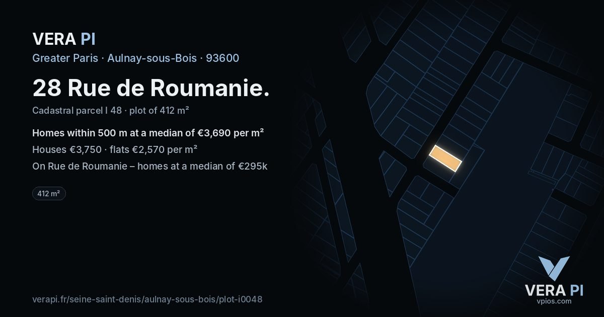 28 Rue de Roumanie, Aulnay-sous-Bois at night – the plot lit, the parcels around coloured by the prices near them