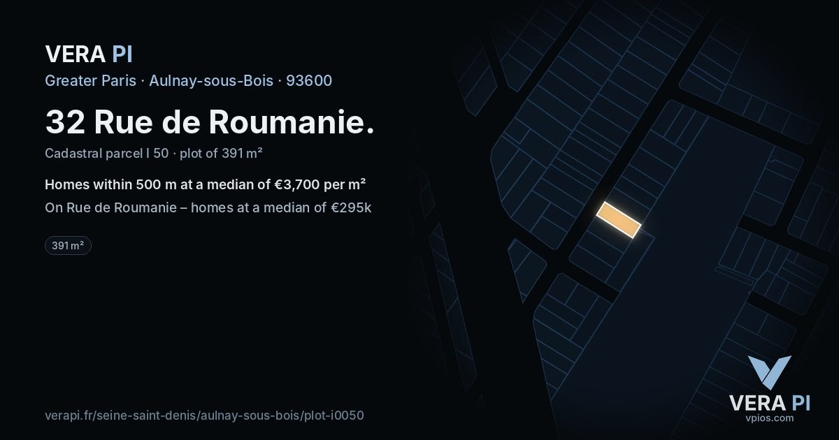 32 Rue de Roumanie, Aulnay-sous-Bois at night – the plot lit, the parcels around coloured by the prices near them